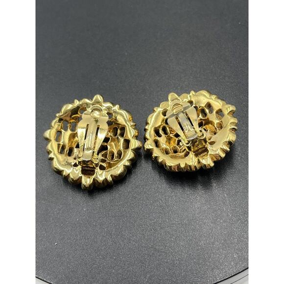 SWAROVSKI Swan Vintage Large Round Black, Clear Crystal Gold Tone Clip Earrings - Picture 6 of 16